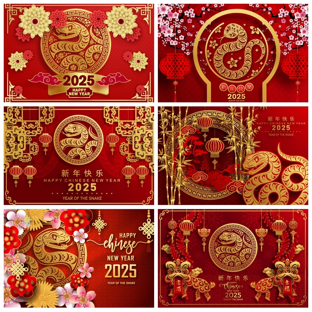 2025 Happy New Year Backdrop Chinese Style Snake Red Lantern New Year Eve Family Party Photography Background Decor Photo Studio 1