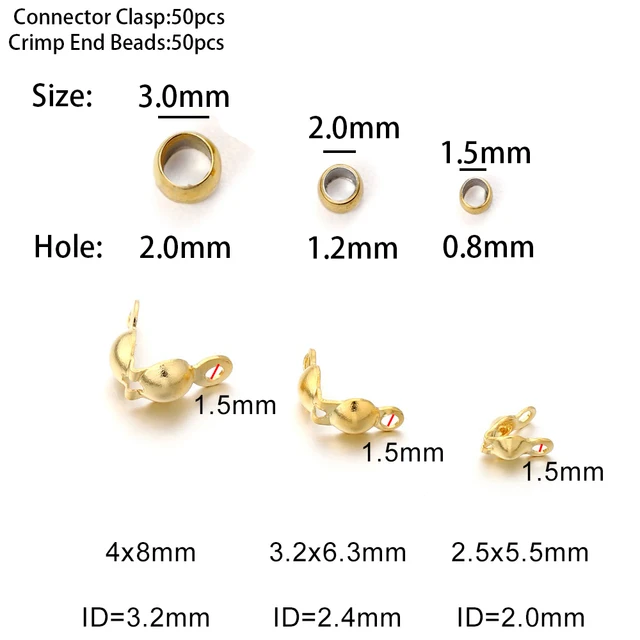 50pcs/lot Stainless Steel Gold Plated Connector Clasp Crimp End Beads For Bracelet Necklace Chains DIY Jewelry Making Supplies 2