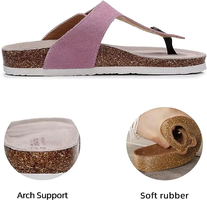 Fashion Women Men Leather Flip Flops With Arch Support Cork Footbed Slide Sandals For Ladies Girls Comfortable Beach Slippers