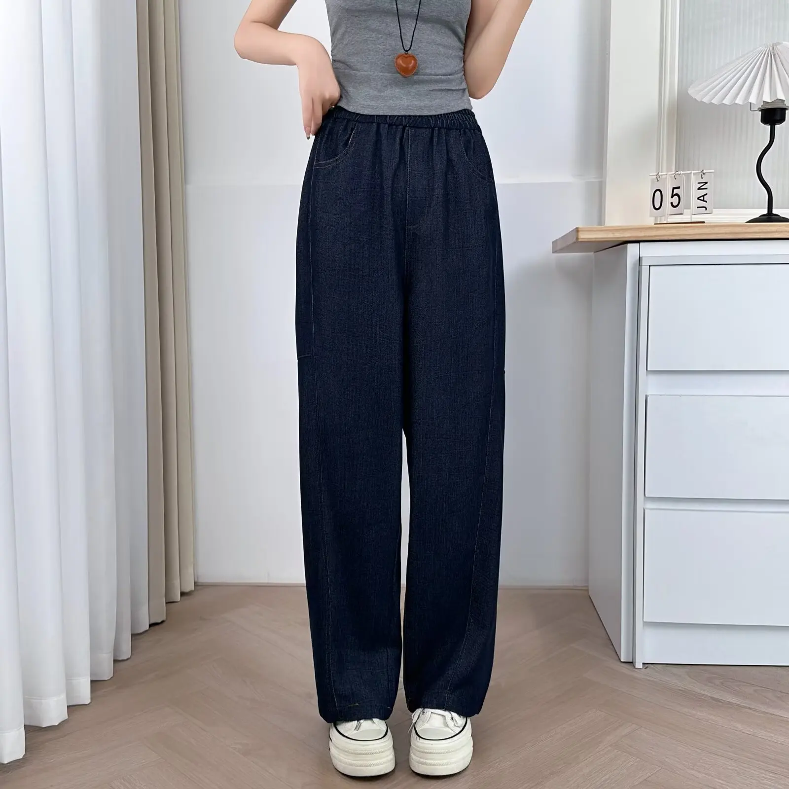 Plus Size Women's Jeans Autumn New Simple Elastic Waist Casual Denim Straight Leg Pants 665