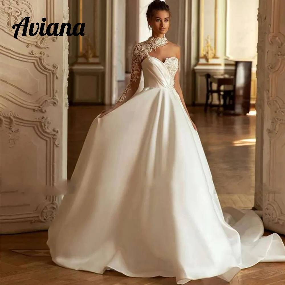 

Aviana Modern Lace One Shoulder Sleeves Wedding Dresses 2024 Sweetheart Neck Bridal Gowns A-Line Sweep Train vestido de novia