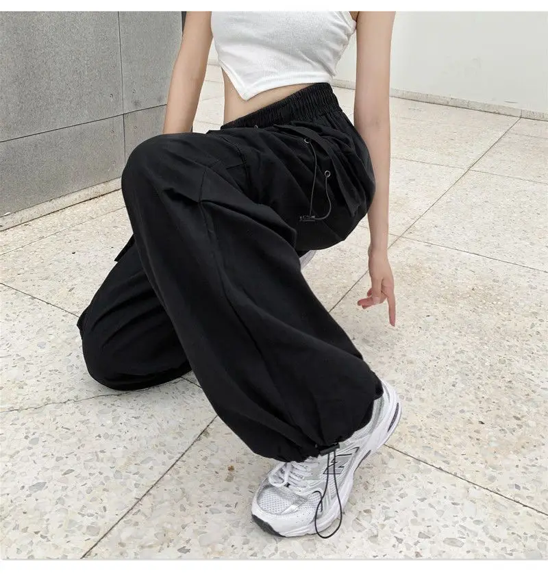 Women's Low Waist Tech Pants, Drawstring, Wide Leg Baggy Trousers, Y2K Streetwear, Oversize Sweatpants, Casual Joggers, 6