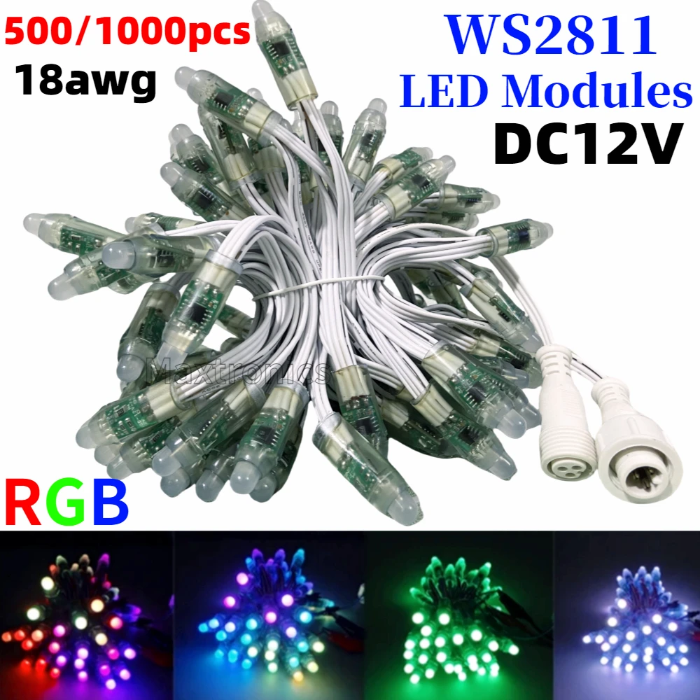 500-1000pcs DC12V 12mm WS2811 LED Module Pixel Light 13.5mm Connector IP68 18AWG White Wire RGB Full-Color Festival Decor Lamps
