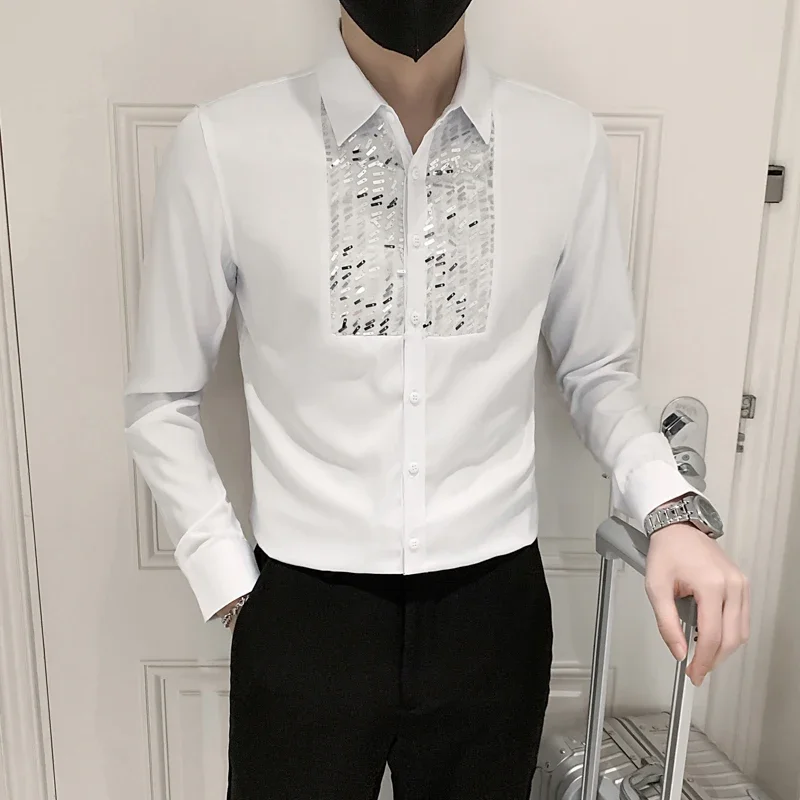 2024 New Design Shirt Man White Black Long Sleeve Tuxedo Shirts Front Sequins Dress Slim Fit Top Clothes Wedding Party Blouse