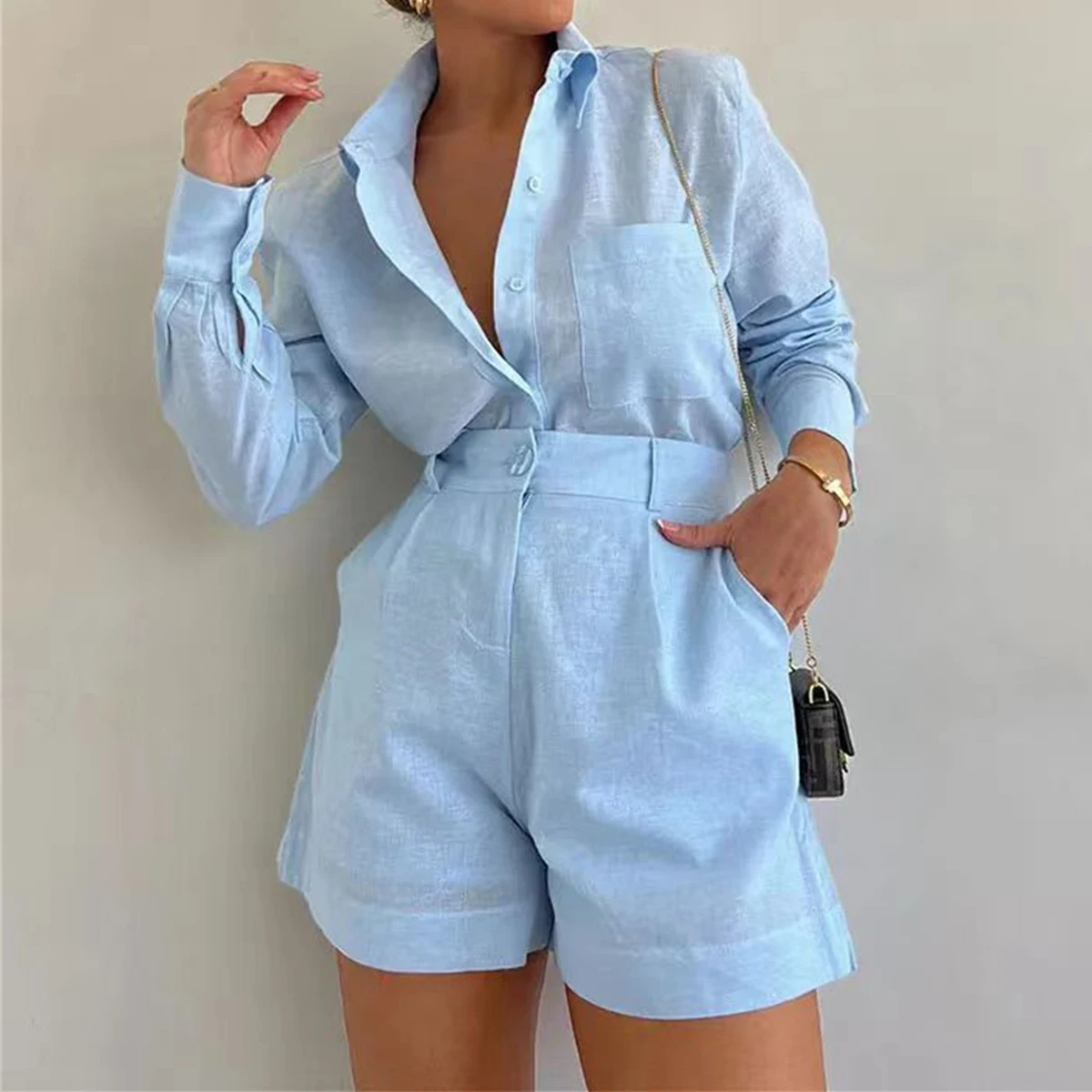 Fashion Cotton Linen Loose Short Shirts Sets Long Sleeve Lapel Blouse High Waist Casual Shorts Suit 2024 Highstreet Lady Outfits