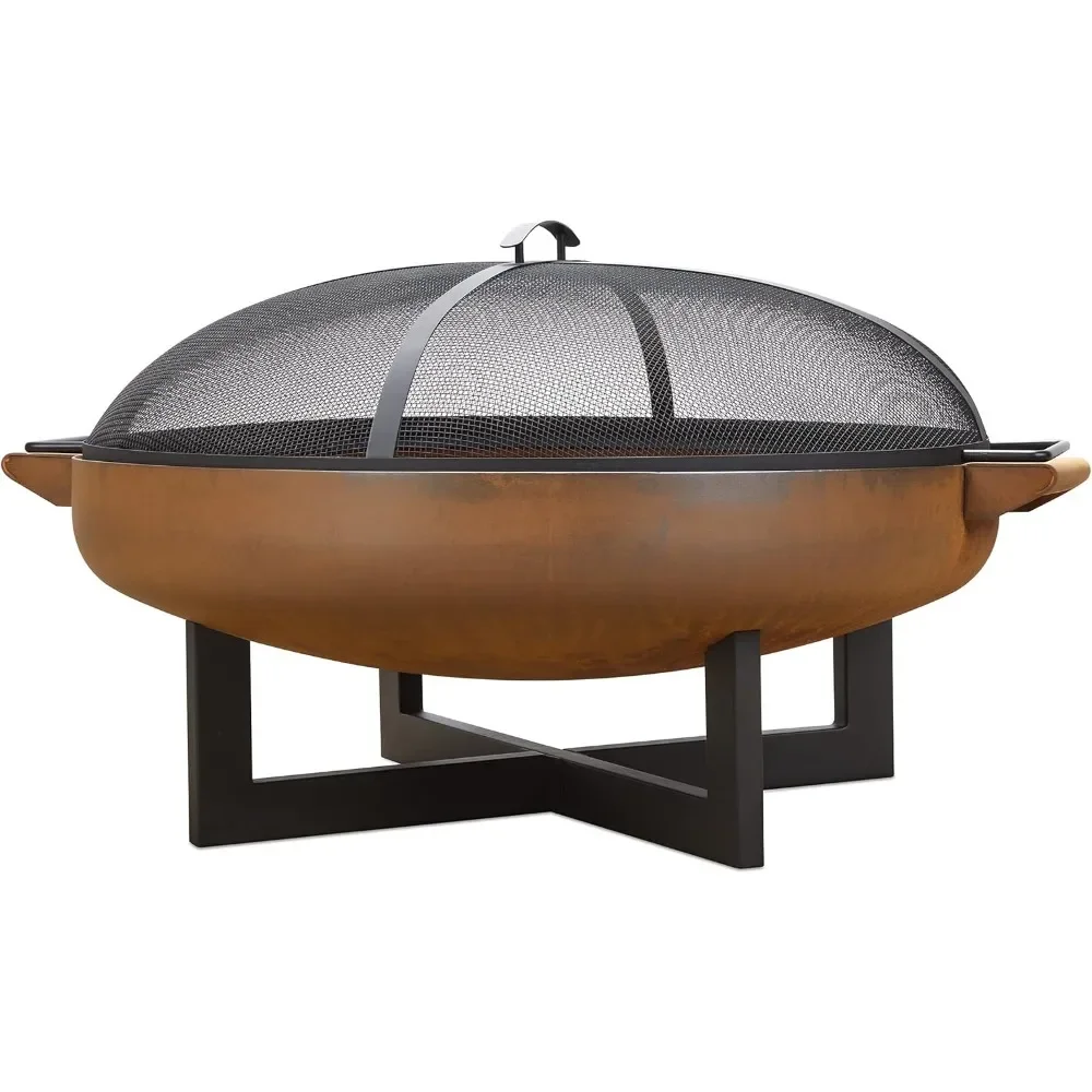 La Porte 37" Round Wood Burning Fire Pit for Outdoors, Rust with Spark Screen, Poker and Log Grate-Steel Wood Burni