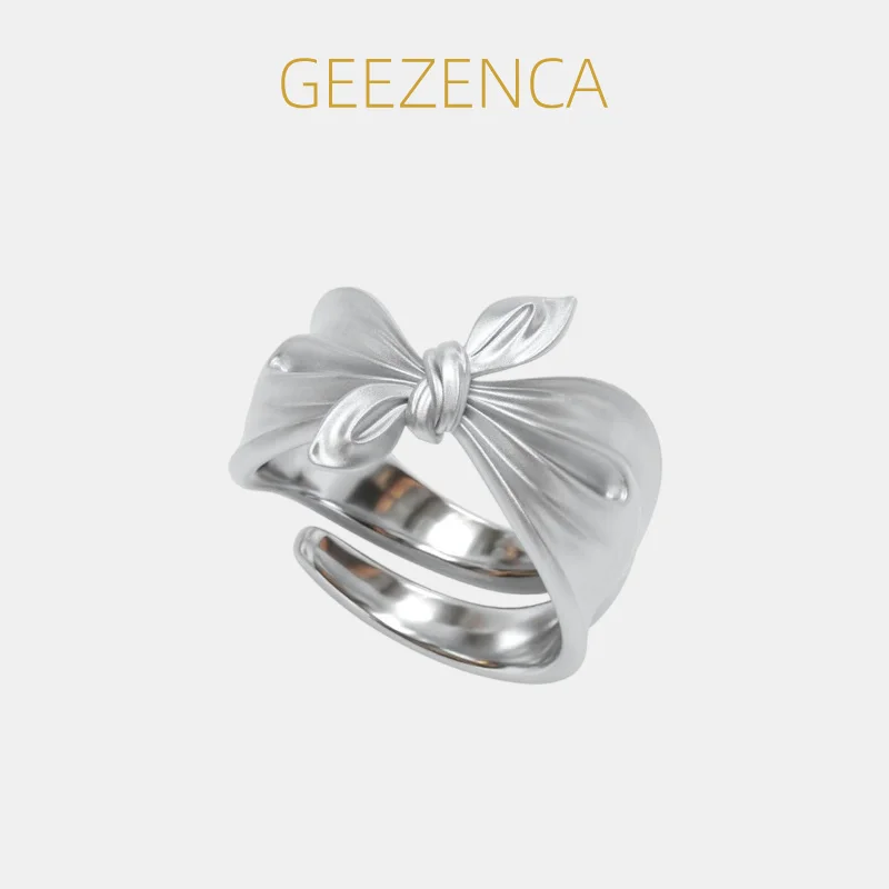 GEEZENCA 925 Sterling Silver 3D Bow Open Rings For Women Original Design Unique Elegant Ribbon Ring Luxury Jewelry New Gift