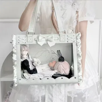 Borsa a Tracolla Giapponese Dolce e Carina con Fiocco, Borsa Ita Trasparente con Porta Badge per Ragazze Lolita, Borse da Donna Harajuku con Finiture in Pizzo