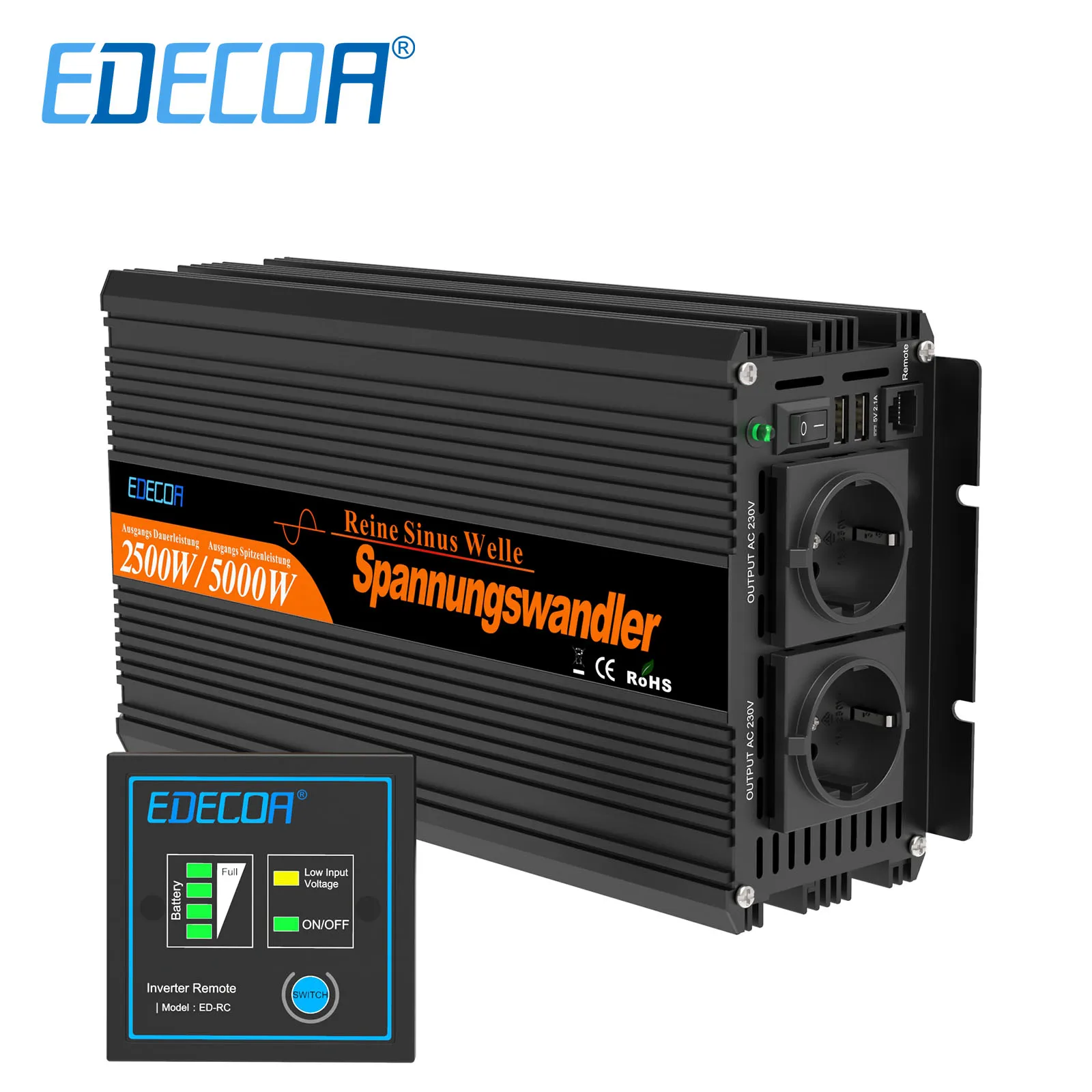 EDECOA 2500W reine sinus welle power inverter DC 12V 24V zu