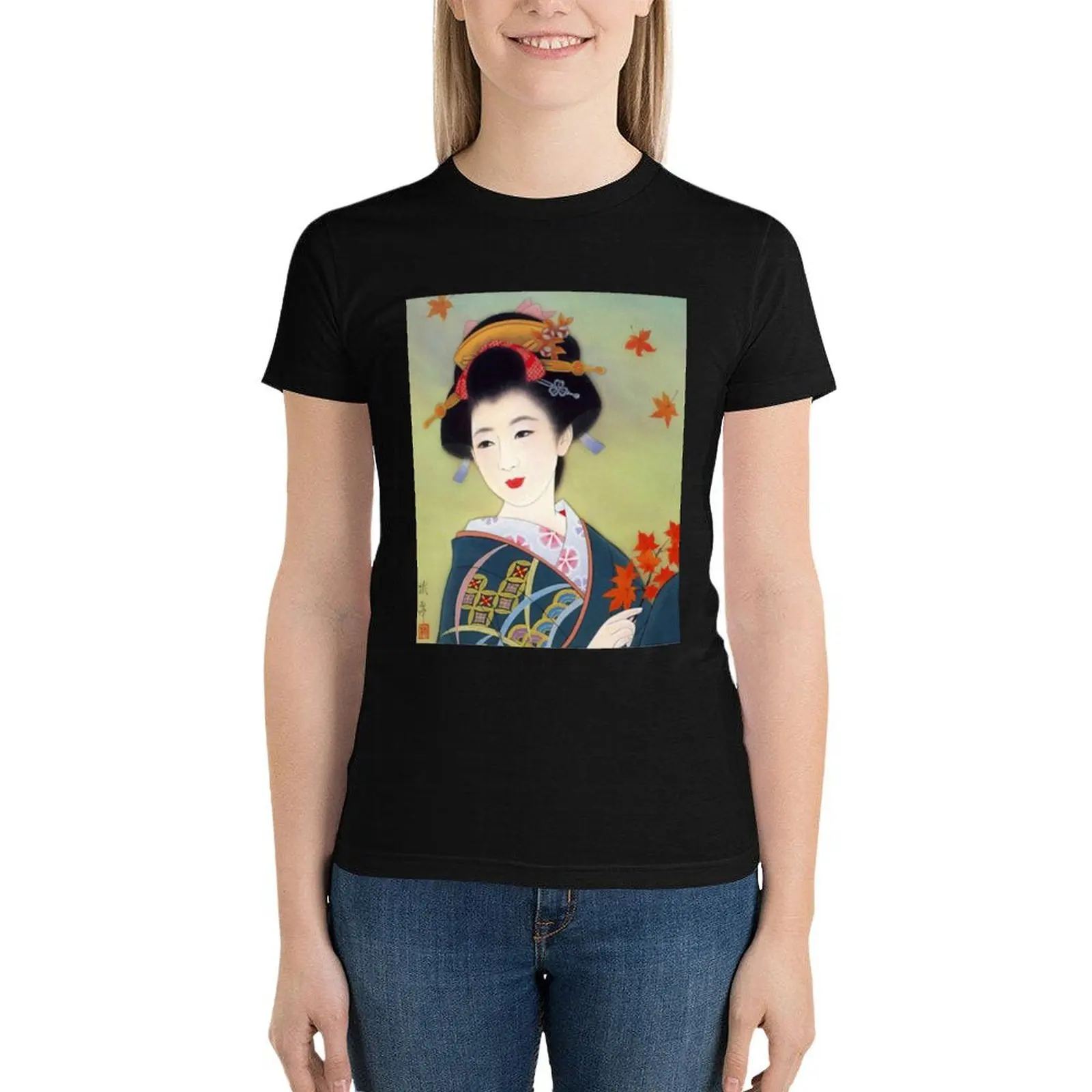 

Japanese classic geisha lady art T-Shirt hippie clothes Female clothing anime clothes summer top black t-shirts for Women
