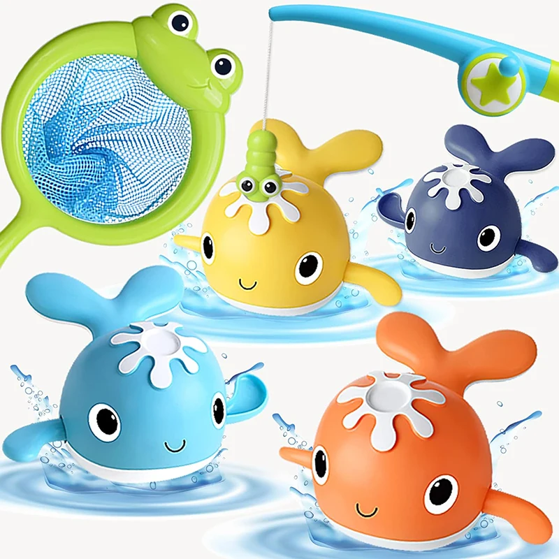 Baby Bath Fishing Toys Magnet Whales Bathtub Toy Fishing Games Kids Bathtub Floating Water Toys Pole Net Set Gift