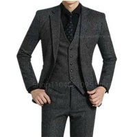 3 Piece Dark Grey Mens Tweed Herringbone Slim Fit Wedding Suits Prom Tuxedos Notch Lapel Blazer for Business(Blazer+Vest+Pants)