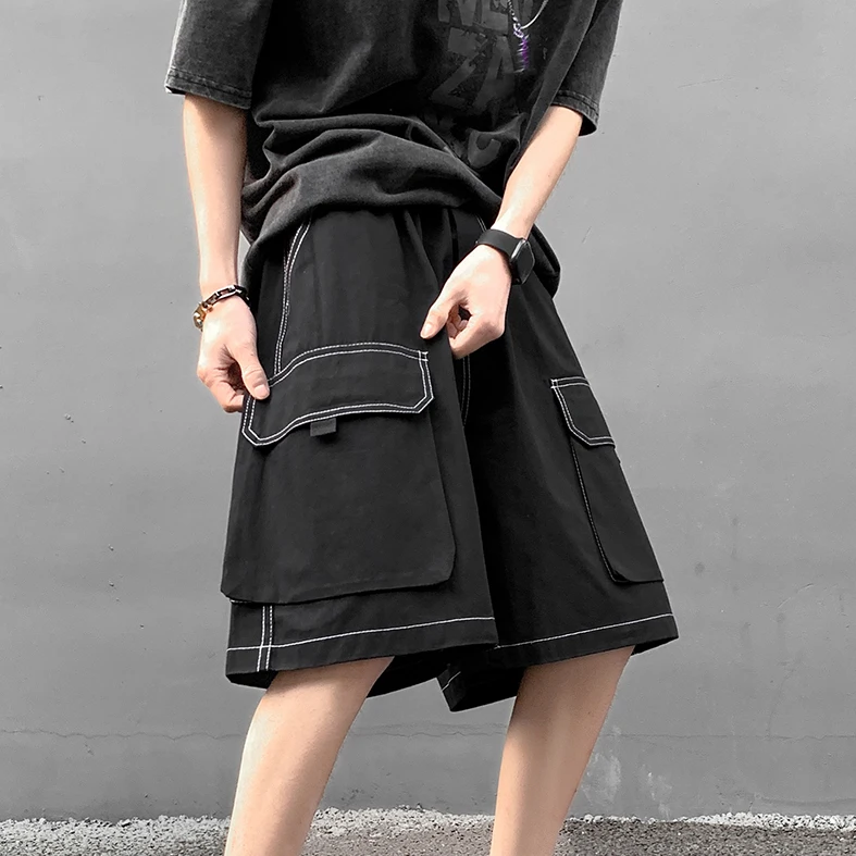 Japanese Moto Biker Cargo Shorts Ins High Street Hip Hop Loose Fit Shorts Knee Length Big Pockets Khaki Harajuku Oversize Shorts