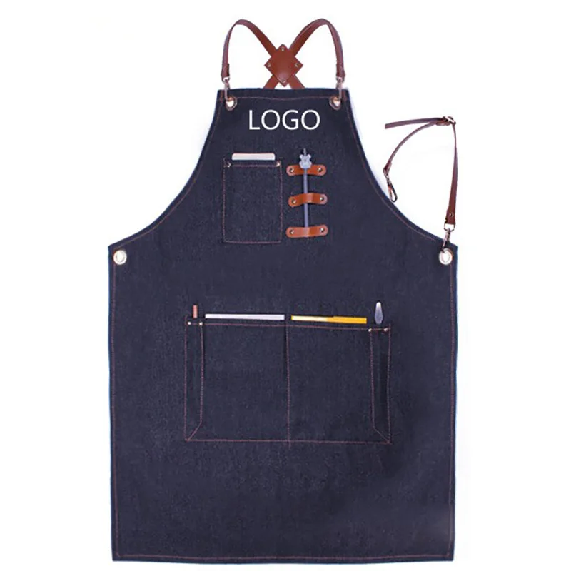 

Factory North America Barista Hair Stylist Restaurant Floral Denim Work PU Leather Suspenders Denim Apron Woman Custom LOGO