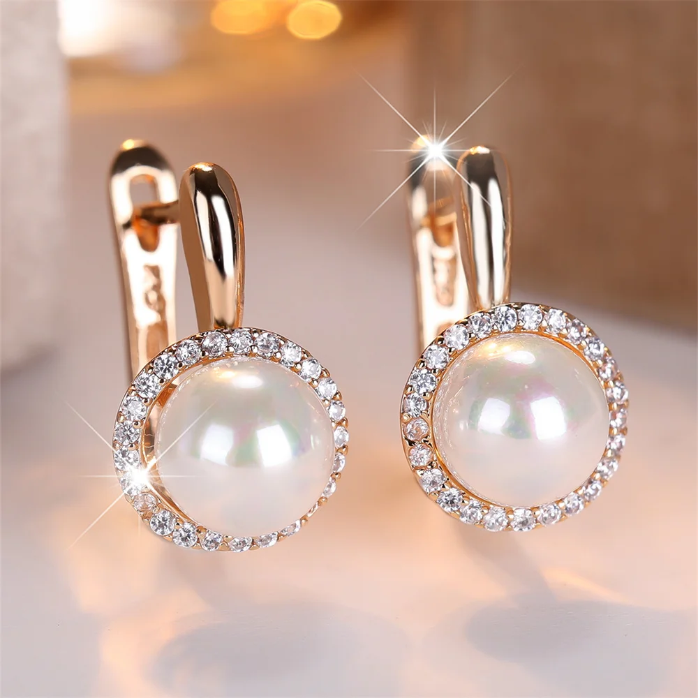 White Round Simulated Pearl Small Hoop Earrings For Women Vintage Gold Color Ear Buckle Wedding Jewelry Versatile Gifts