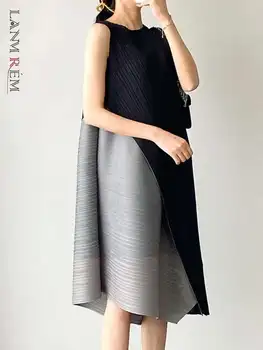 LANMREM Elegant Women's Color Contrast Pleated Dress Fashion 2025 Summer New Round Neck Sleeveless Temperament Dresses 2DE578 1