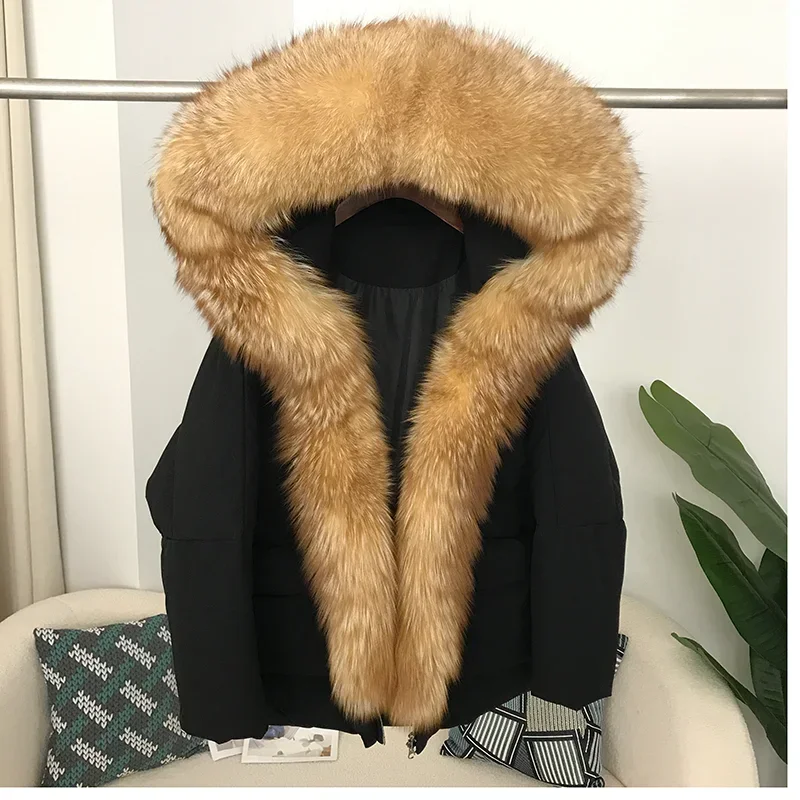 

MENINA BONITA 2023 Winter Women Real Fox Fur Collar Hooded White Duck Down Long Jacket Female Warm Coat Luxury Loose Outerwear