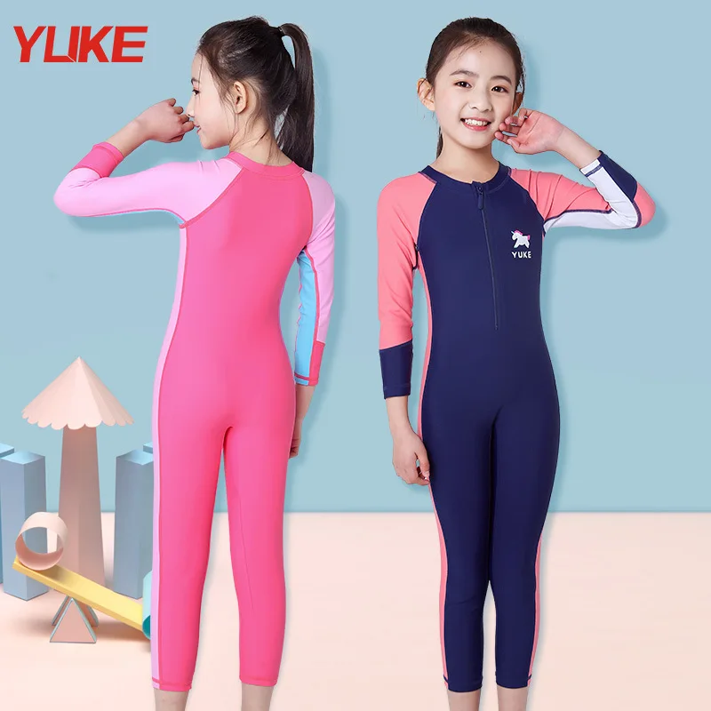 YUKE UPF 50+ Rash Guard Gilrs Boys Long Sleeve One Piece Swimsuit for kids Teen Children Beach Surf Swimming Suit Quick dry Warm
