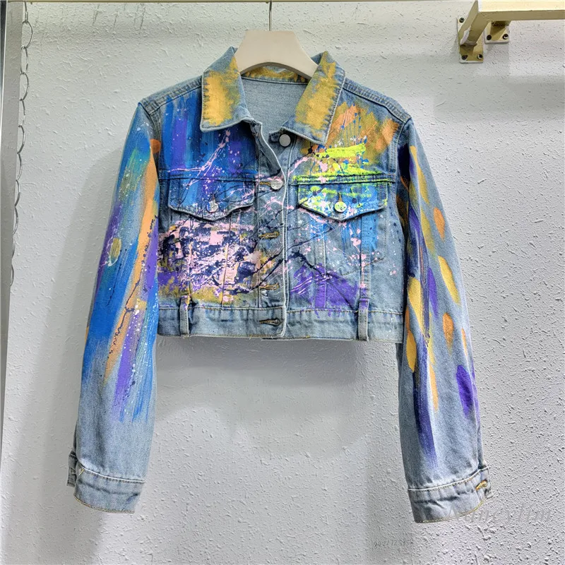 

Colorful Doodle Hand Drawn Denim Coat Women's Small High-Grade Sense Korean Style All-Match Jean Jacket Short Top Street Spring