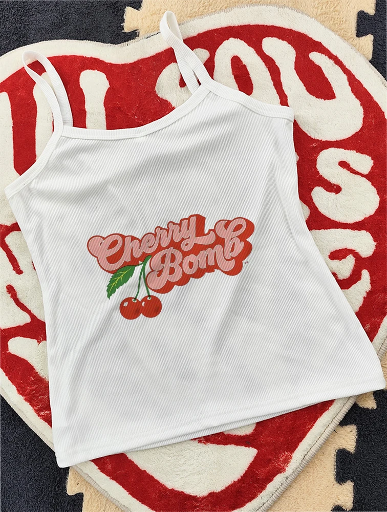 Short-sleeved T-shirt Women Summer cherry letter print short-sleeved top Spice Girls wearing crop short slim-fit street style