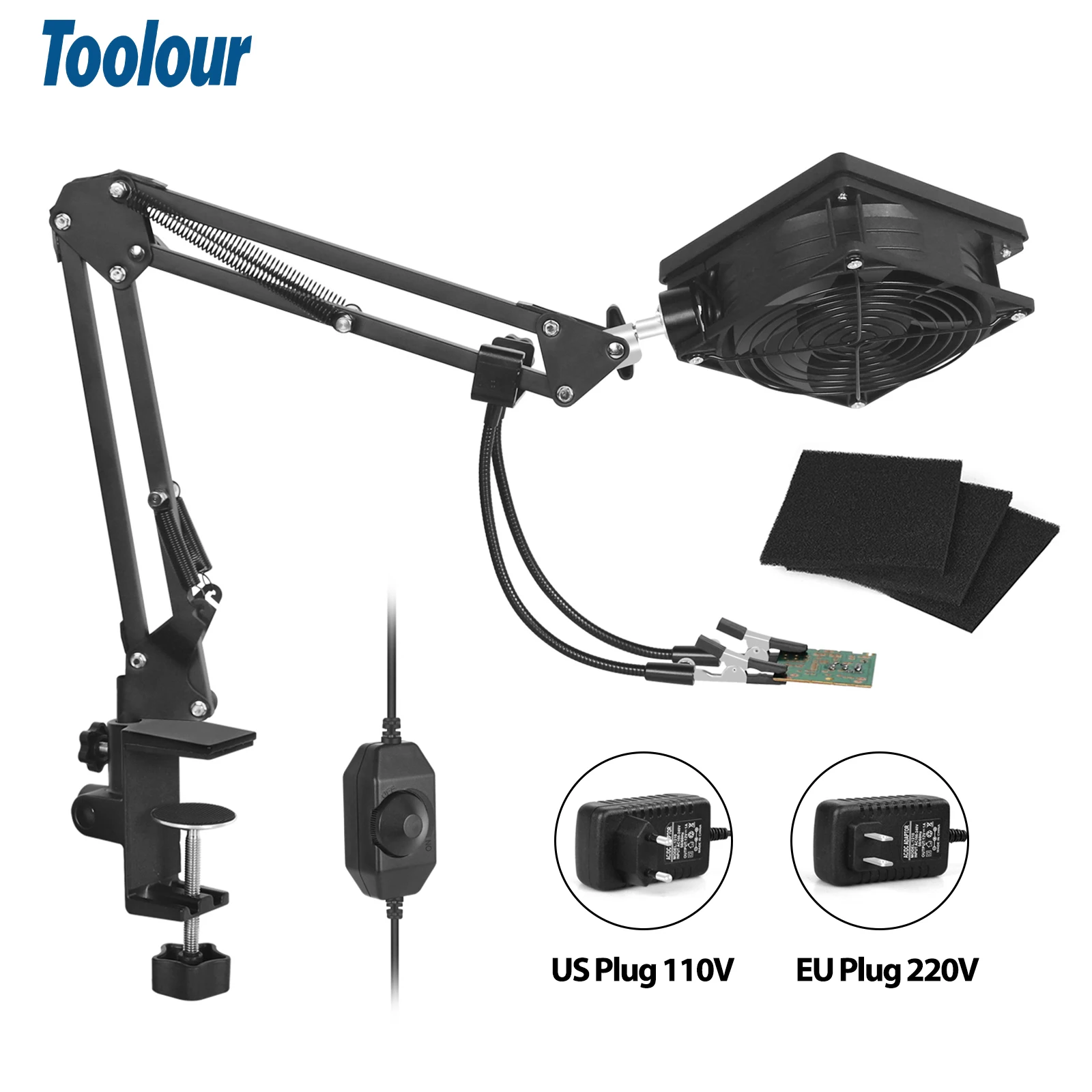 Toolour  EU/US 30W Welding Exhaust Fan 0-3300L/Min Adjustable Wind Speed Soldering Smoke Remover with 2Pcs Flexible Third Hand 10cc rma 223 needle shaped pcb pga bga smd with flexible tip syringe solder paste flux grease repair solde 2pcs set