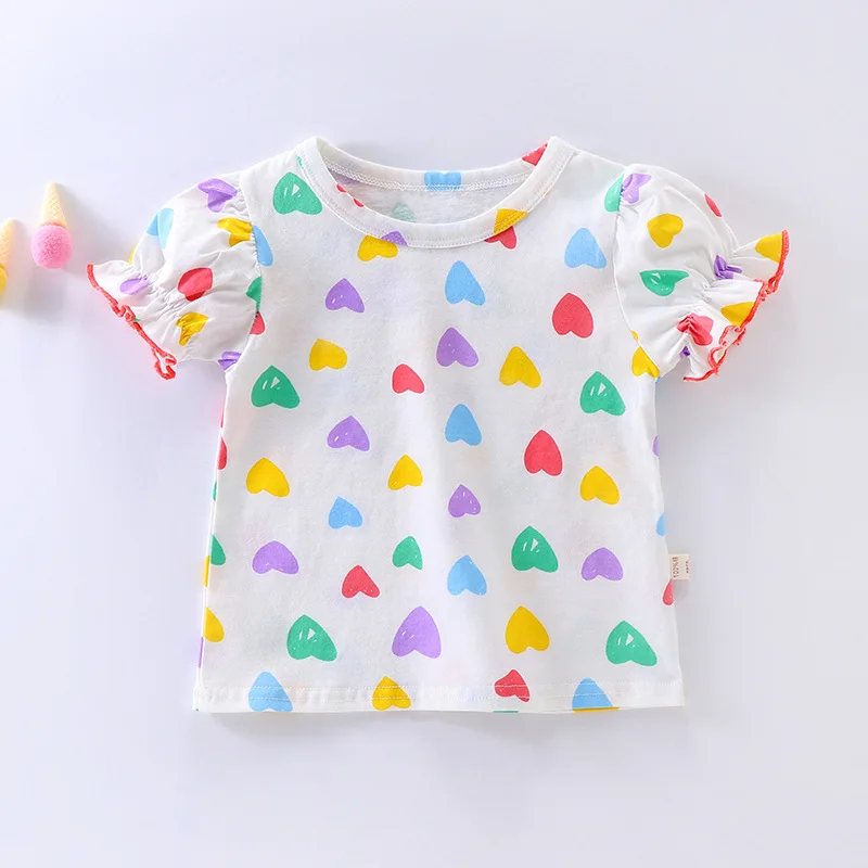 

Baby Girls Short Sleeved T-Shirt Summer Kids Heart Printed Top Tees Toddler Cotton Shirts Children's Clothes Korean Style