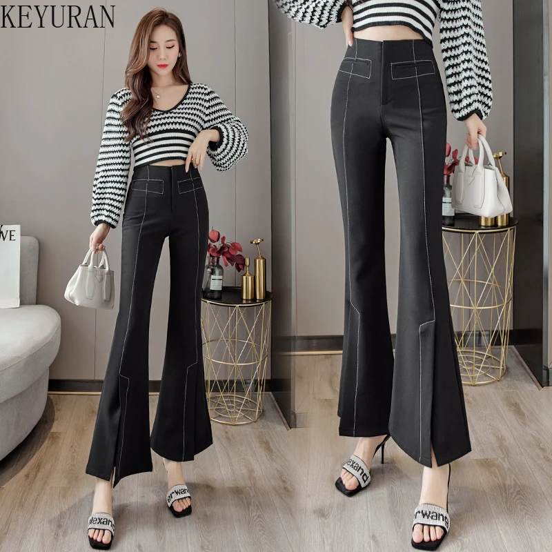 

2022 Autumn Fashion Loose Black Flare Pants Women High Waist Suit Trousers Ladies Solid Color Korean Casual Harem Pants Female