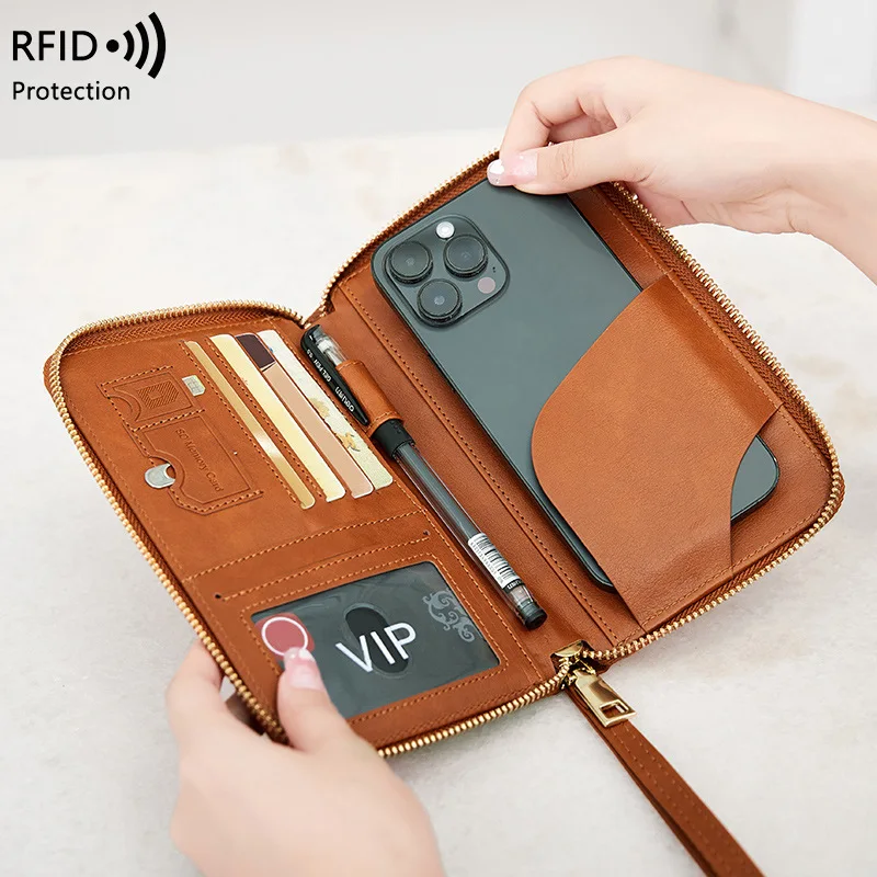 New Leather Passport Cover RFID Blocking Card Holder Zipper Wallet