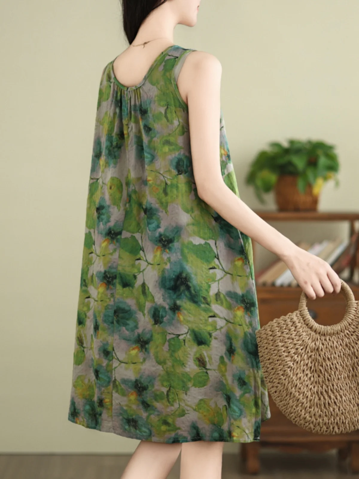 Loose Cotton Linen Printed Summer Dr Women's plus Size round Ne Svel Vest Dr Midi Skirt Sle Vintage Faion