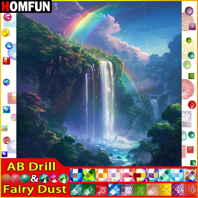 HOMFUN Fairy Dust AB 5D Diy Diamond Painting Cross Stitch "Scenery Waterfall Rainbow Tree" Home Decor Full Diamond Embroidery