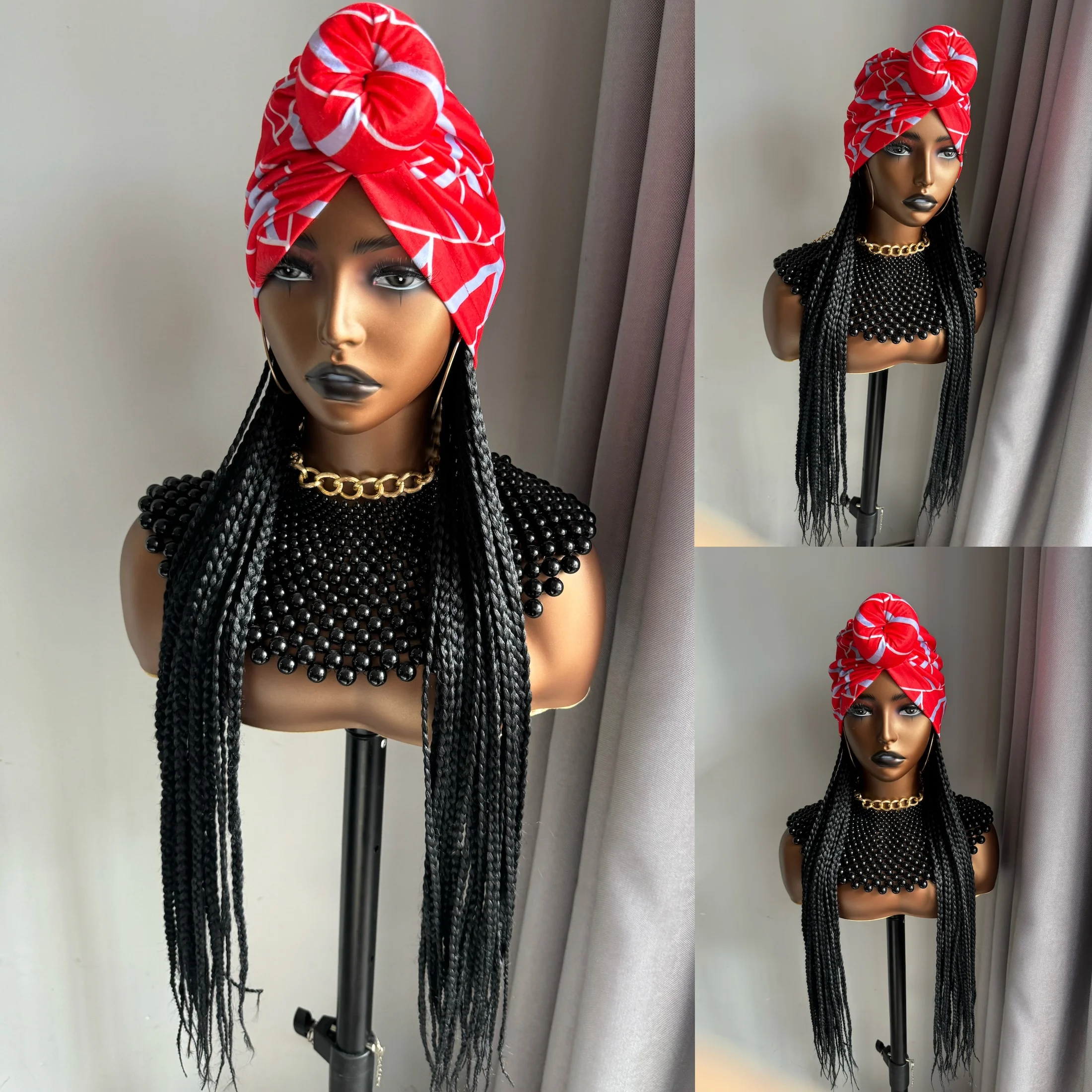 Synthetic Hair Wigs WIGERA Long 24&ldquo; Black Box Braided Synthetic Wig With Headband Turban Hat