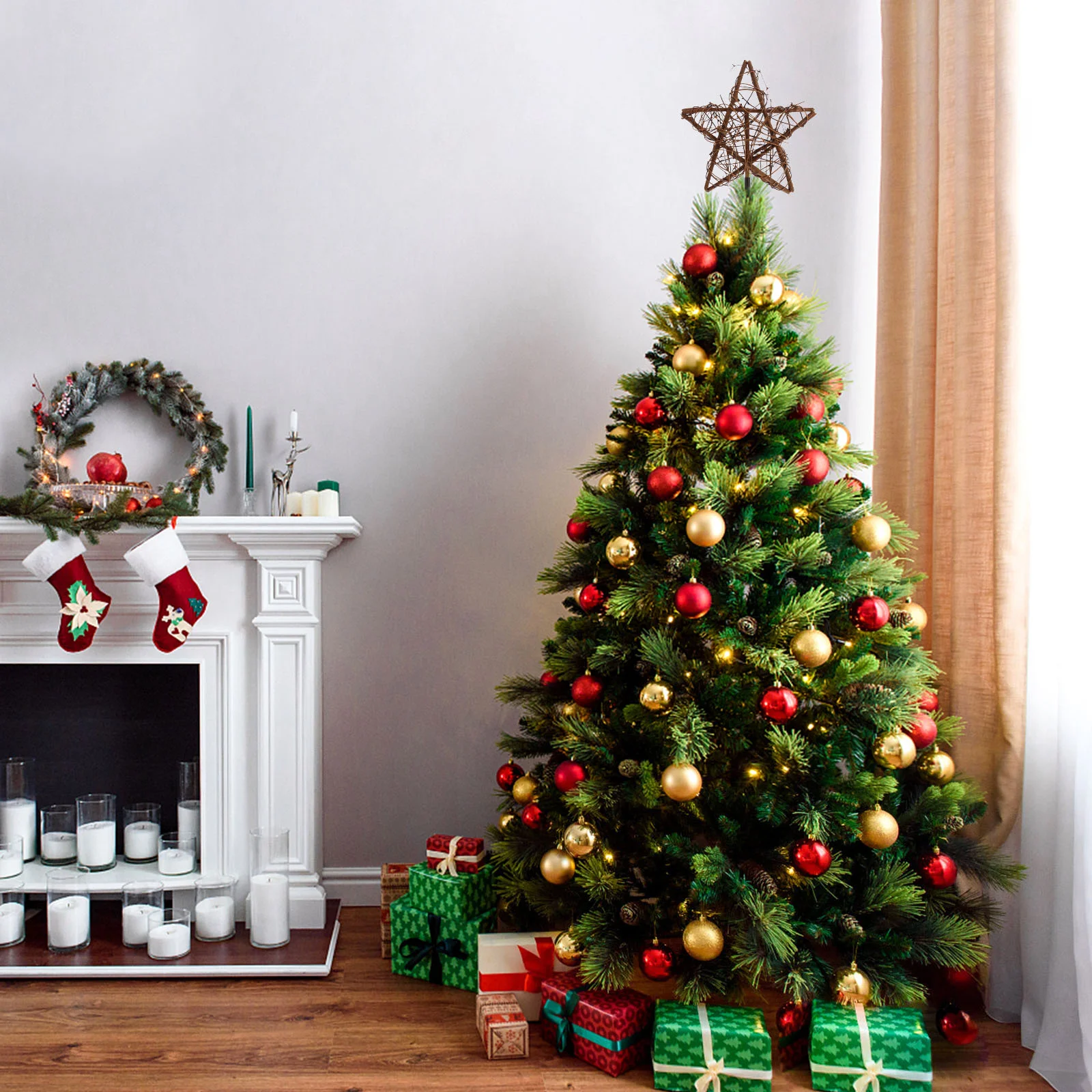 

Christmas Rattan Star Treetop with Spring Support Xmas Tree Topper Decoration Simulated wreath for home decor