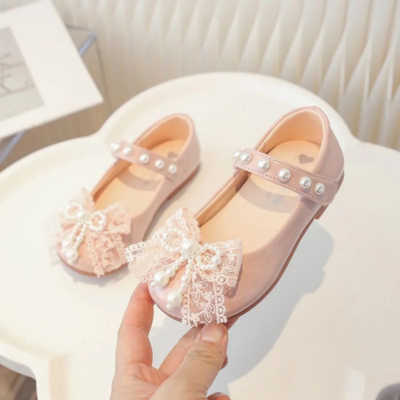Spring New Children's Leather Shoes Fashion Lace Bow Girls' Princess Shoes Soft Sole Anti Slip Baby Kid's Casual Flat