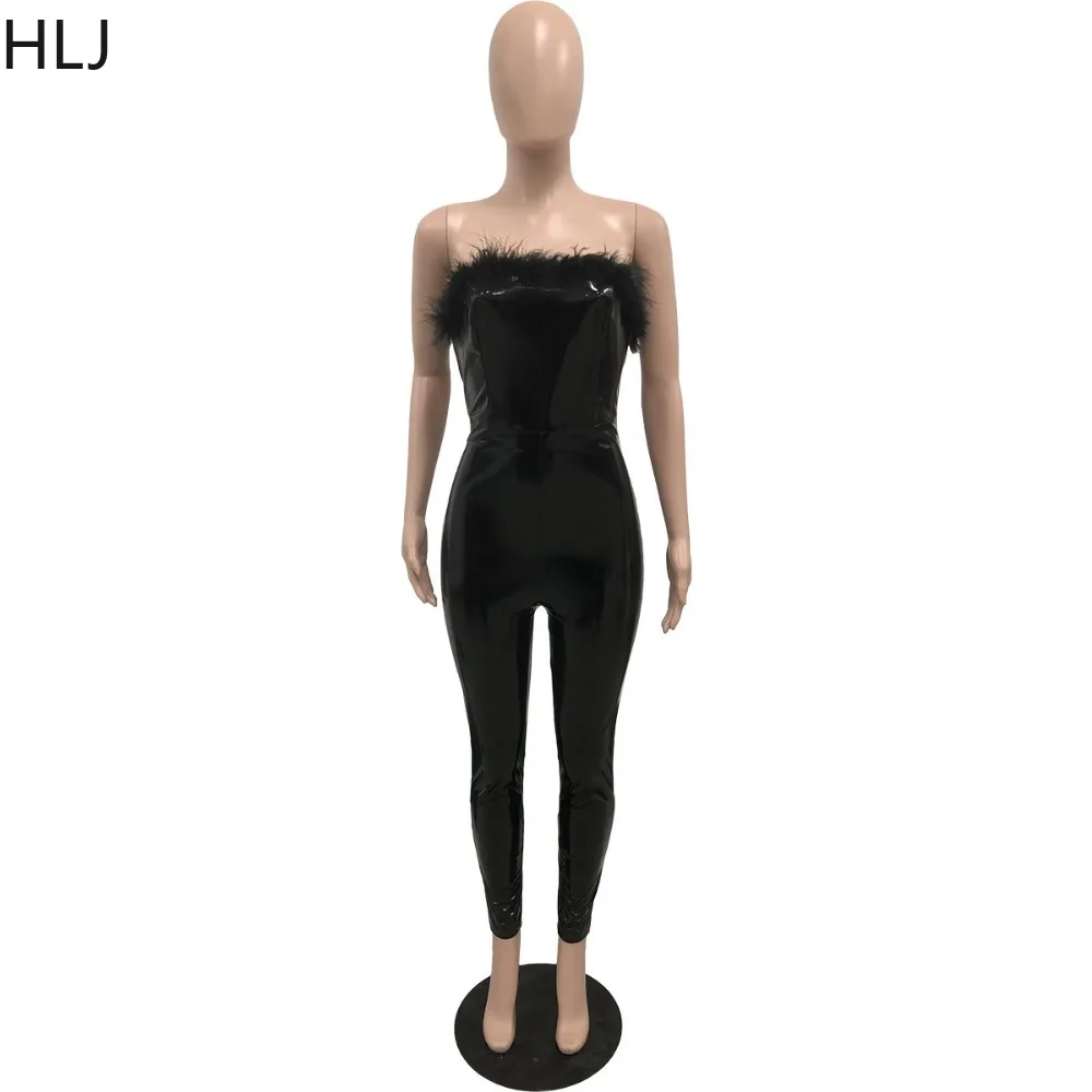 HLJ Spring New PU Leather Feather Tassels Bodycon Jumpsuits Women Off Shoulder Sleeveless Backless Slim Playsuits Female Overall