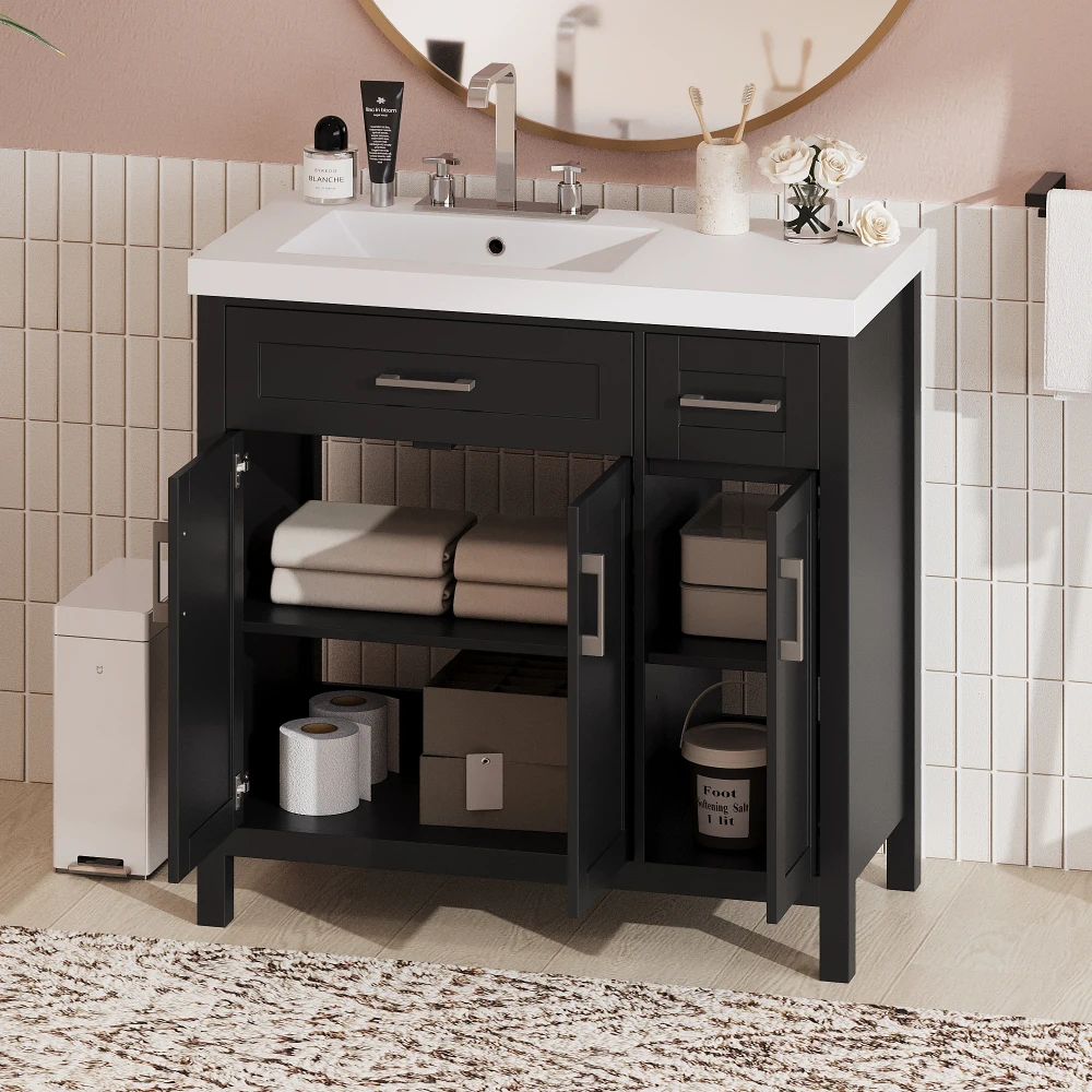 36" Black Bathroom Vanity Cabinet with Resin Integrated Sink - 2 Drawers, 3 Doors 3