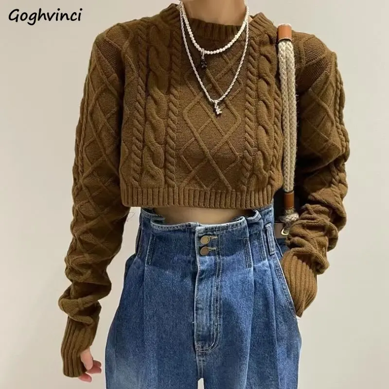 

Пуловеры женские в Корейском стиле, осенняя Новинка, модный однотонный укороченный свитер с круглым вырезом, универсальный, теплая шикарная трикотажная одежда, нежные свитера