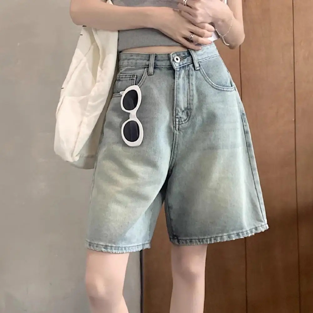여성용 데님 하의 데님 청바지, 빈티지 하이웨이스트 데님 반바지, 와이드 레그 스트릿웨어 청바지, 단추 클로저 지퍼 무릎