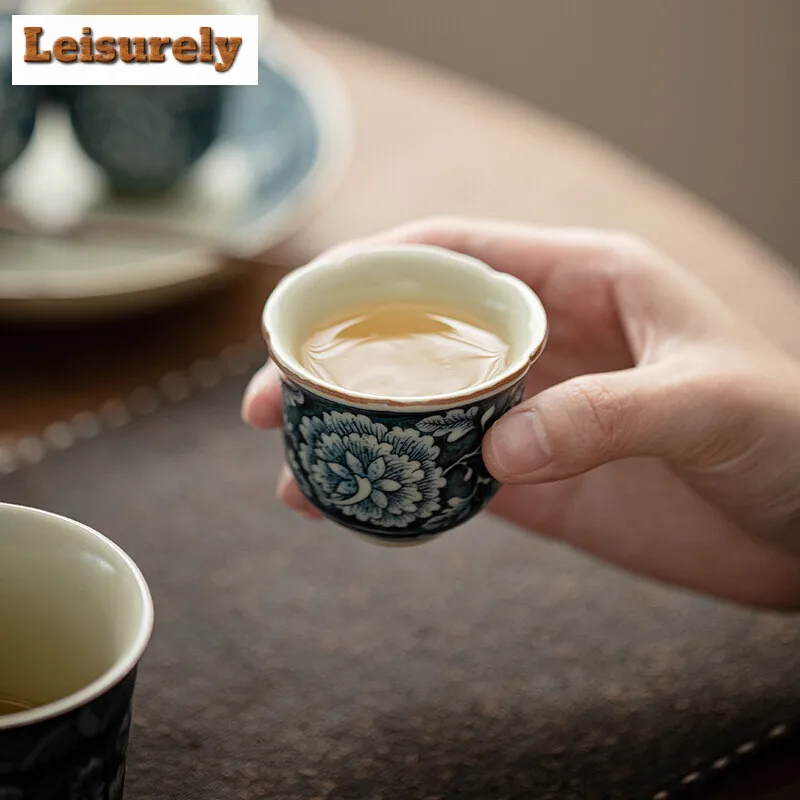 2pc/set Antique Blossoms Flower Ceramic Teacup Ru Kiln Flower Mouth Cup Small Master Cup Tasting Tea Bowl Kung Fu Teaware 40ml