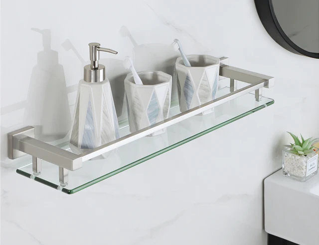 HouseMila Bathroom Shelf, 2 Tier Glass Bathroom Wall Shelf with Extra 3  Hangers Floating Glass Corner