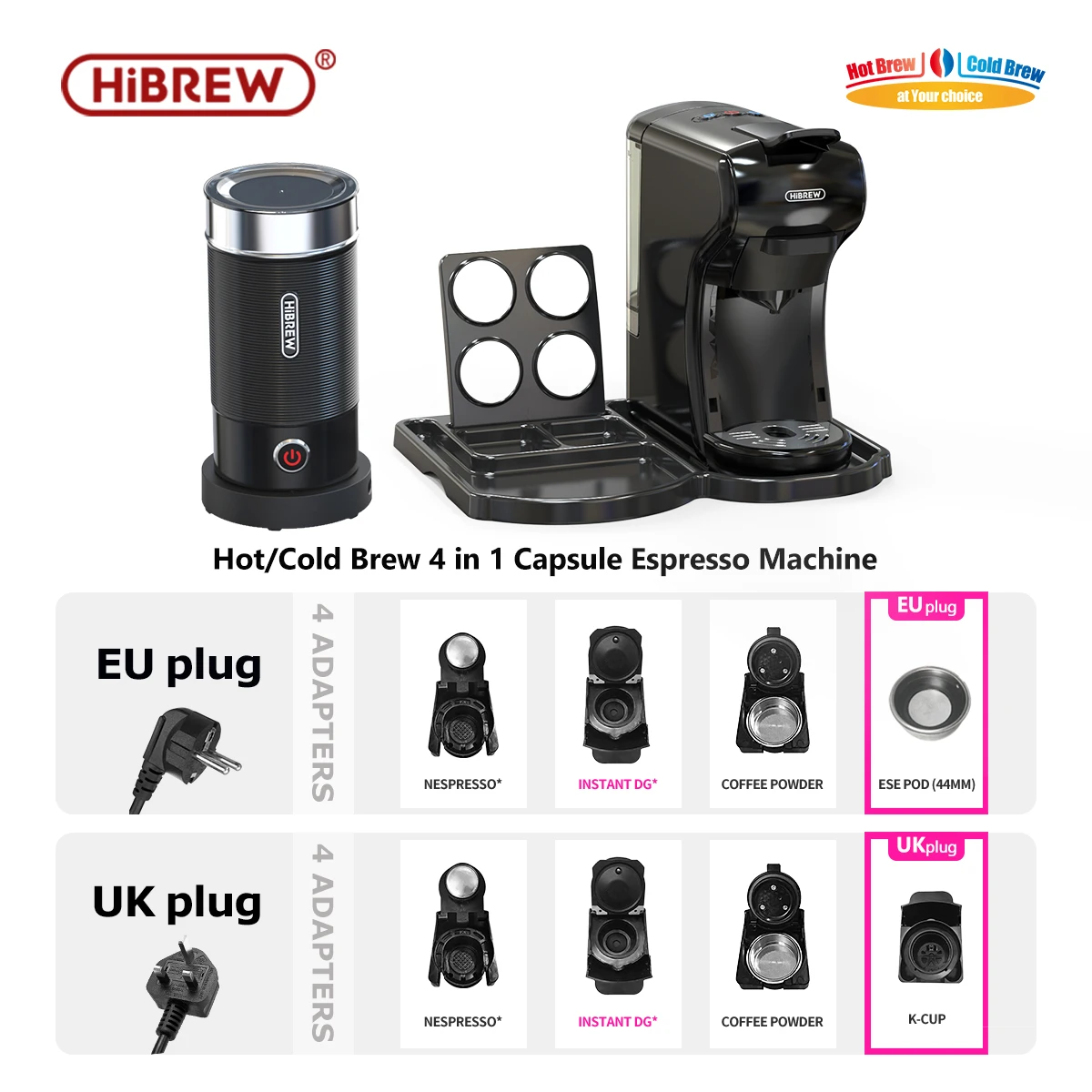 HiBREW 4 in 1 Multiple Capsule Machine and Milk Frother Combo, Black & –  Coffee Supplies USA