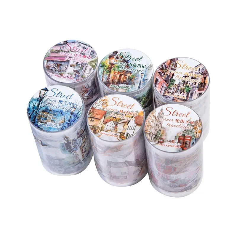 1Roll Adhesives Water Activated PET Tape Street Corner Travelogue Urban Street Scene Rubber Adhesive Masking Scrapbook 60mm*2m 4