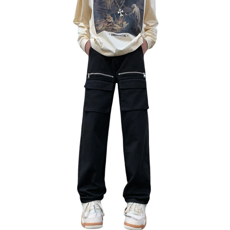 2023 Autumn Winter Men's Multi-Pockets Black Cargo Jeans with Vintage Washed and Straight Leg Baggy Y2k Streetwear Trousers