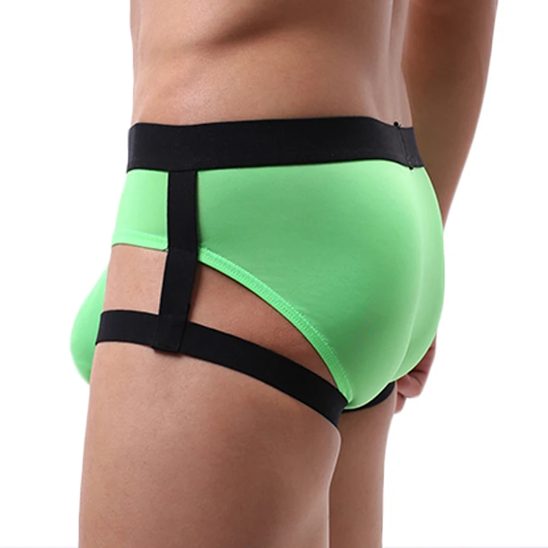 Men's Sexy Underwear Breathable Ice Silk Briefs with Leg Garters Hollow Out Thigh Strap Bulge Penis Pouch Bondage Fetish Costume