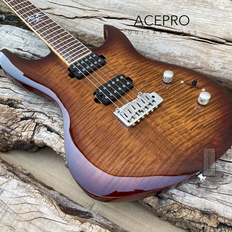 Acepro Brown Flame Maple Top Chitarra Elettrica, Wilkinson Bridge, Abalone Inlay, Spedizione Gratuita Guitarra, Disponibile