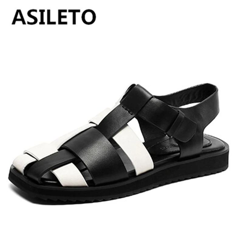

ASILETO 2022 Women's Knit Flats Sandals Square Toe Low Heels Genuine Leather Hook&Loop Rome Mix Color Black White Summer S3133