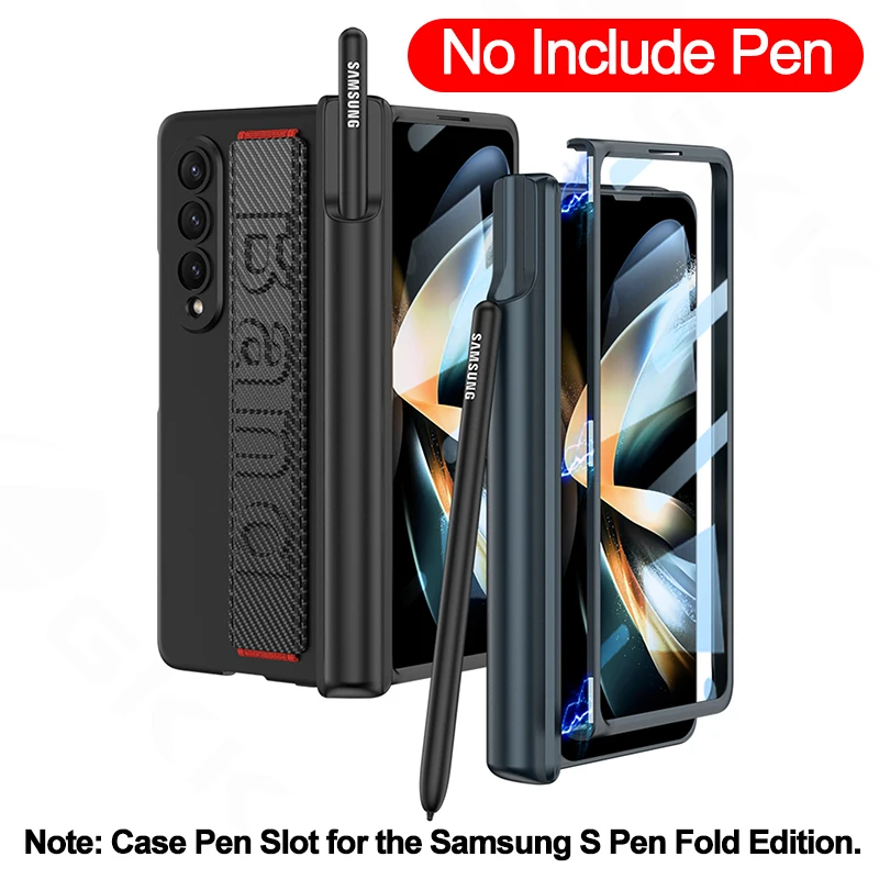 GKK For Galaxy Z Fold 4 Case All-included Magnetic Pen Hinge With Screen Glass For Samsung Galaxy Z Fold4 Wrist Strap Hard Case