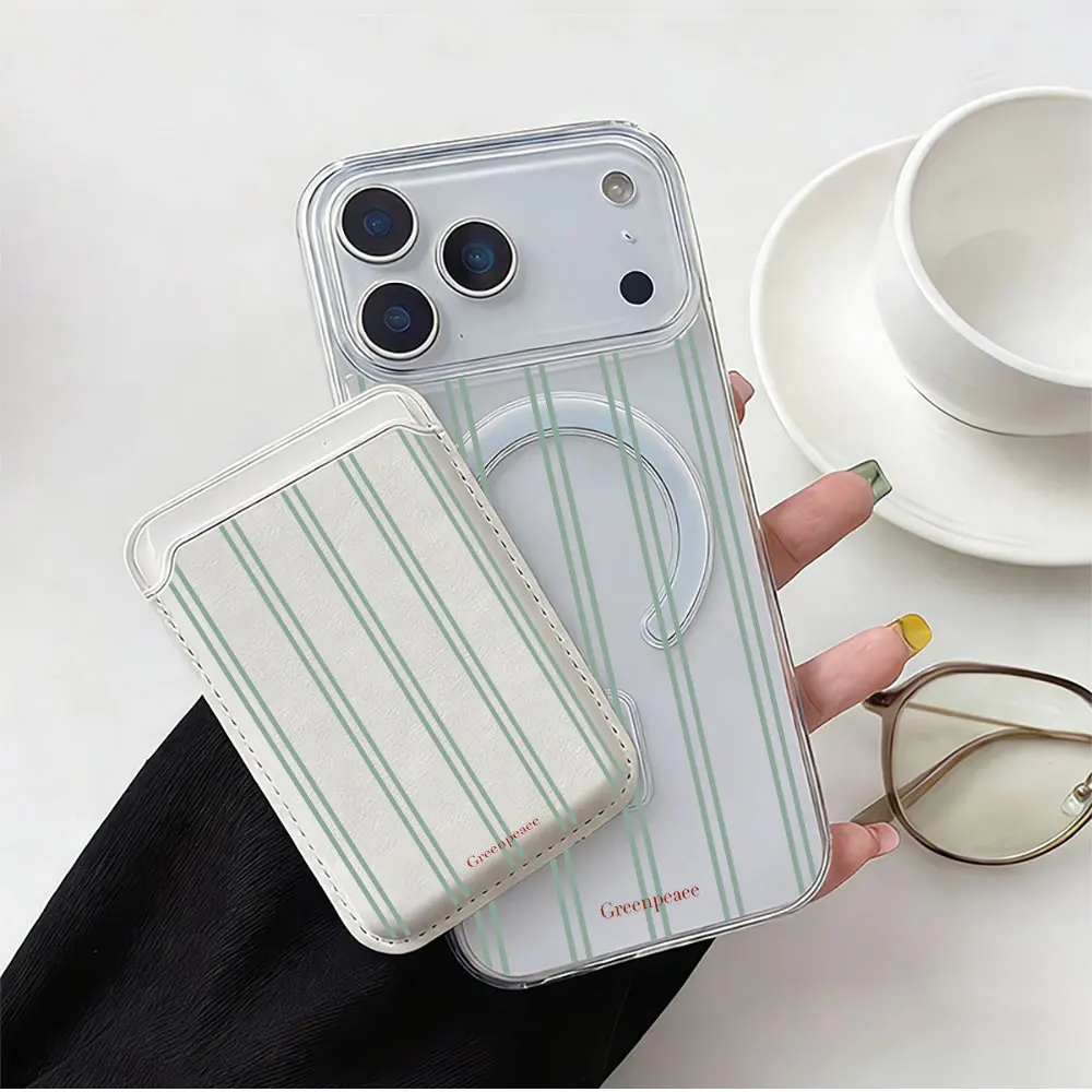 Luxury Green Line For Magsafe wallet Magnetic Card holder Phone Case For iPhone 16 13 16 15 12 14 17 Pro Max Case 16E Plus Cover