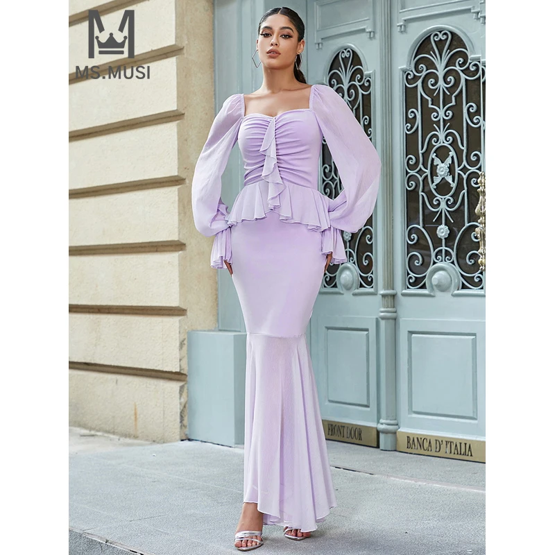 

MSMUSI 2024 New Fashion Women Sexy Lace Mesh Falbala Ruffles Draped Fold Long Sleeve Bodycon Party Club Event Maxi Dress Gown