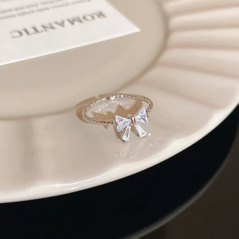 Romantic lovely bowknot rings female girls jewelry ring with shiny bow tie zircon for party dating lovers gifts