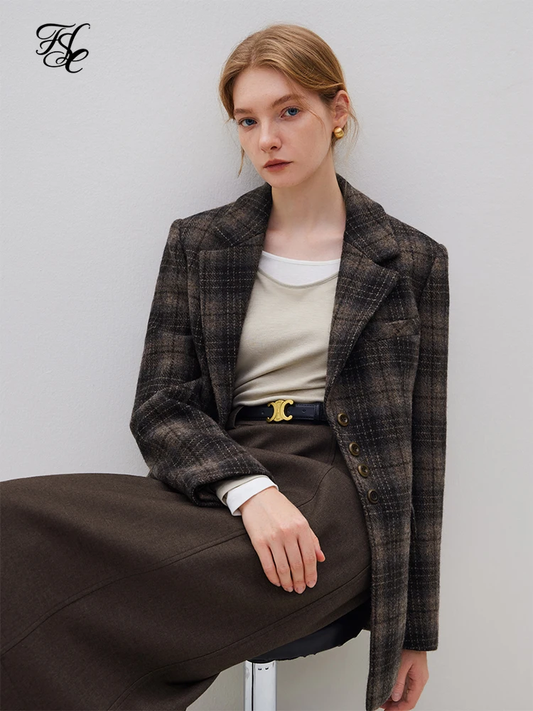 

FSLE Vintage Brown Coffee Color Plaid Retro Blazer Coats for Women Autumn and Winter 2023 Niche 100% Woolen Casual Suit Female